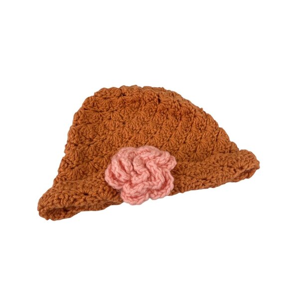Handcrafted Crochet Baby Hat With Pink Flower Accent In Soft Brown - Picture 7 of 7